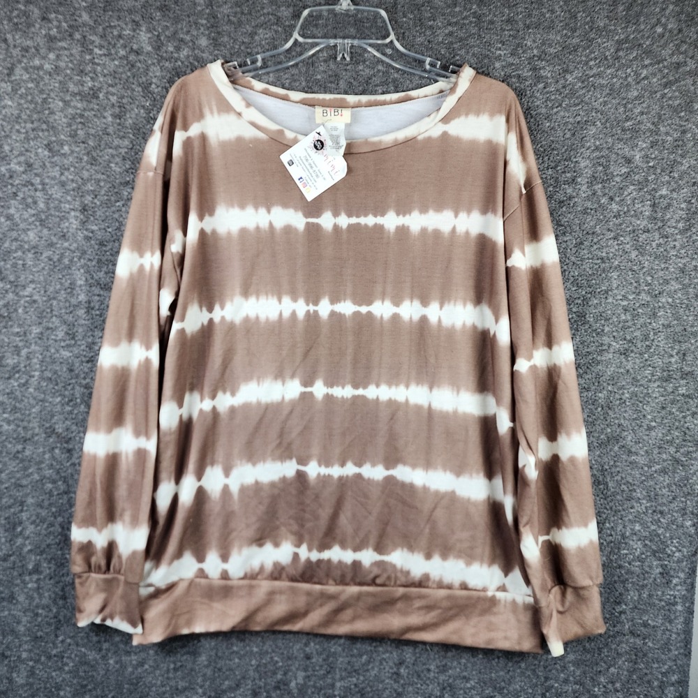 Bibi Pullover Top Womens Large BT1628-03 Brown Tie Dye Stripe Long Sleeve NEW